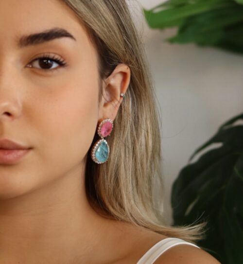 Brinco Verde e Rosa Cravejado